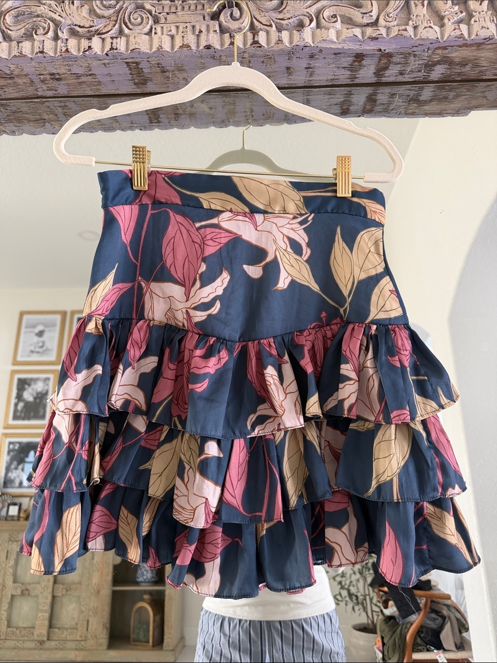 Anthropologie Silka Tiered Floral Ruffle Skirt in Navy, Pink & Cream